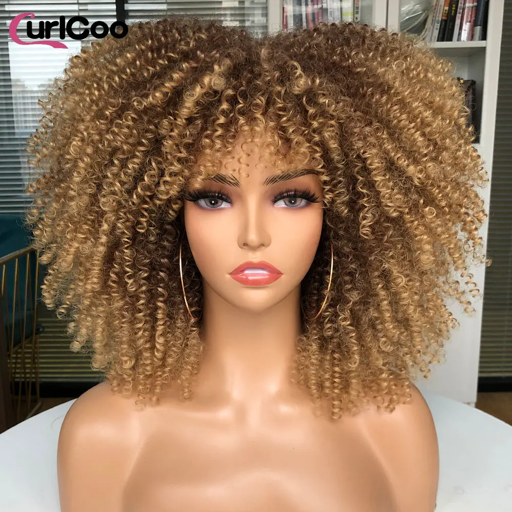 Short Afro Kinky Curly Wigs With Bangs For Black Women Cosplay Lolita Synthetic Natural Hair Ombre Blonde Wig