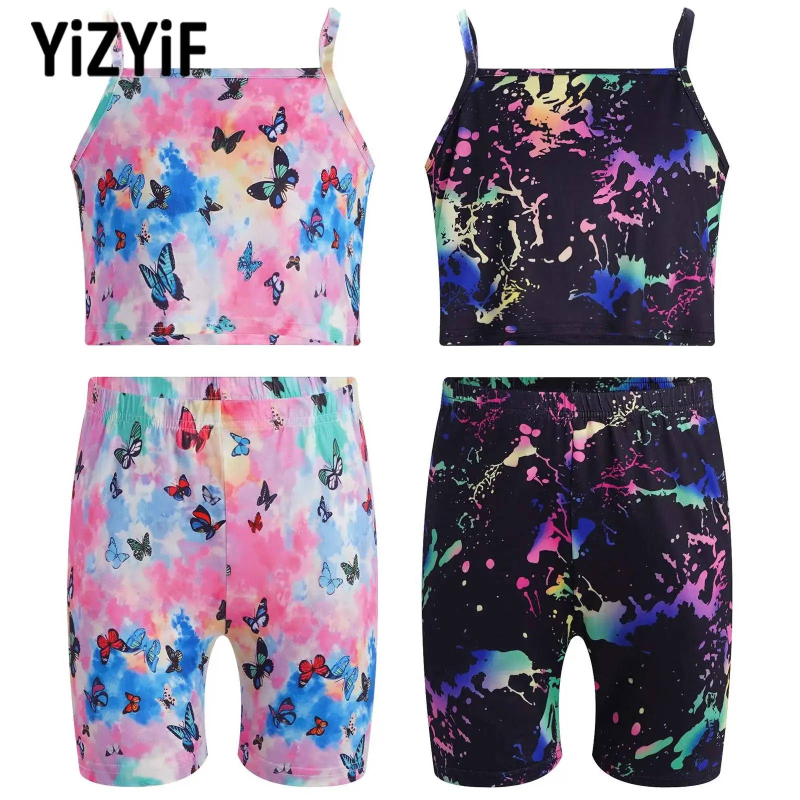 

Kids Girls Tie Dye Swimsuit Sports Set Spaghetti Shoulder Straps Crop Top with Biker Shorts Set for Casual Workout Gym Sports