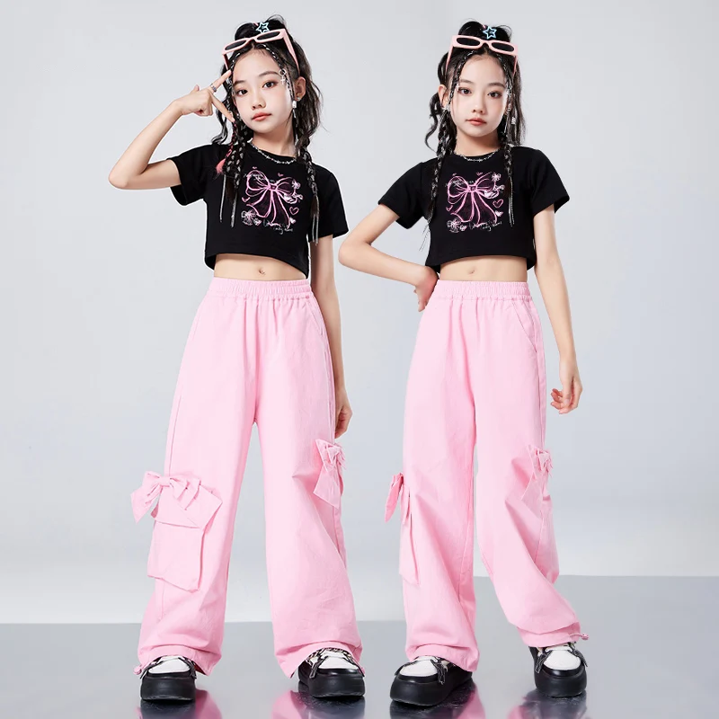 Kpop Jazz Dance Clothes Girls Kids Short Sleeves Hip Hop Clothing Crop Tops Bow Pink Pants Catwalk Concert Stage Outfit BL13187