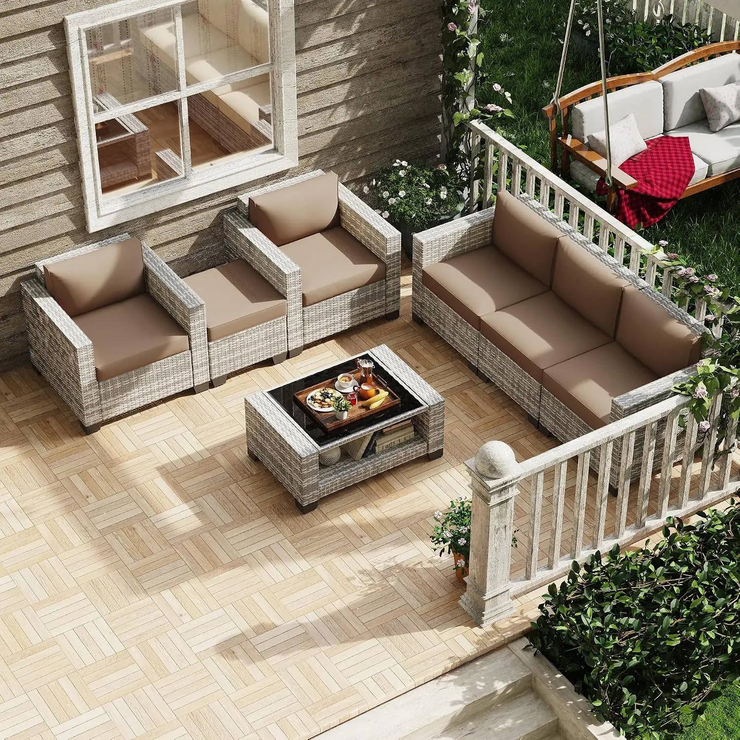 All-Weather PE Rattan Outdoor Sectional Sofa Set 7PCS with Cushion & Glass Coffee Table, Customized