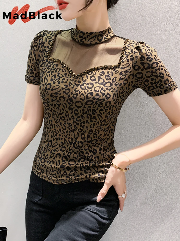 

MadBlack Summer European Clothes T-Shirt Woman O Necks Mesh Patchwork Hot Drill Slim Tops Short Sleeve Elastic Tees Hand T34604C