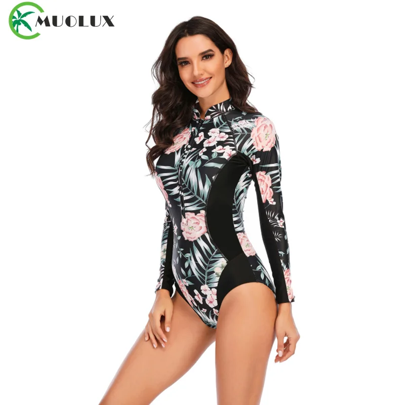 

MUOLUX 2024 One Piece Surfing Swimsuit Rashguards Women Sexy Swimming Suit Sport Floral Long Sleeves Swimwear Monokini Bath Suit