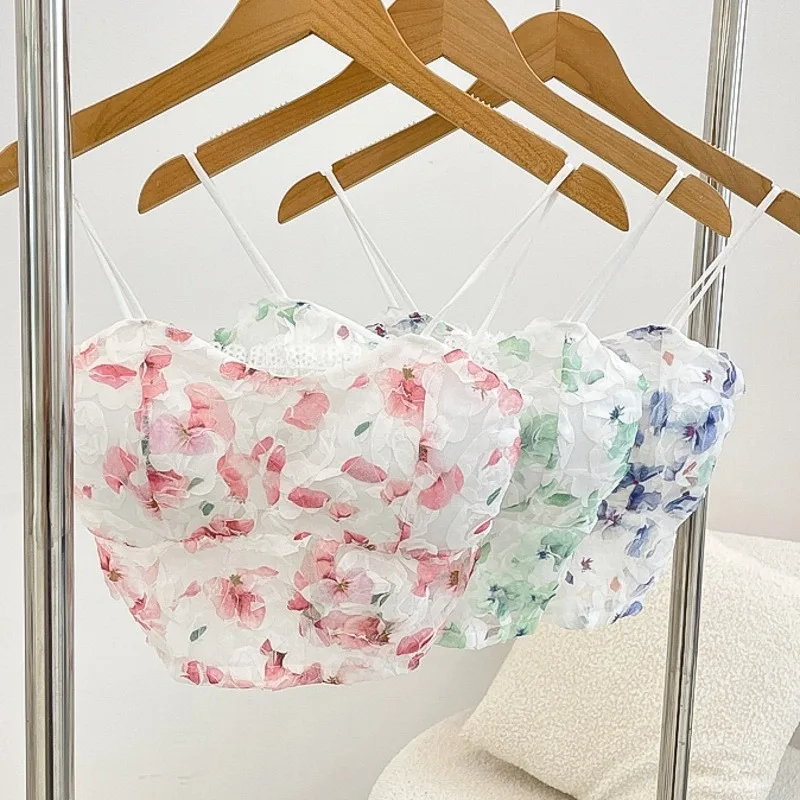 

Lace Crop Top Women Rose Floral Tanks Mesh Tube Tops Beauty Back Bra Seamless Cami with Chest Pads Sexy Tank Sweet Lingerie