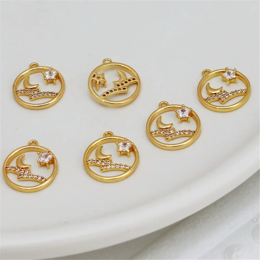 Liontin bulat zirkon bertatahkan mikro emas 14K, Perhiasan DIY, aksesori buatan tangan, bulan, bintang, 12mm