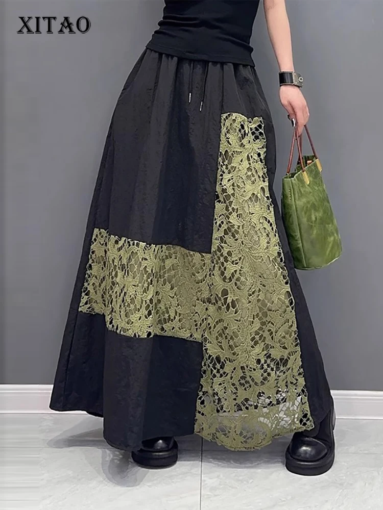

XITAO Lace Patchwork Floral Pocket Skirts Elastic Waist Contrast Color Fashion A-line Loose Temperament 2024 Summer WLD20160