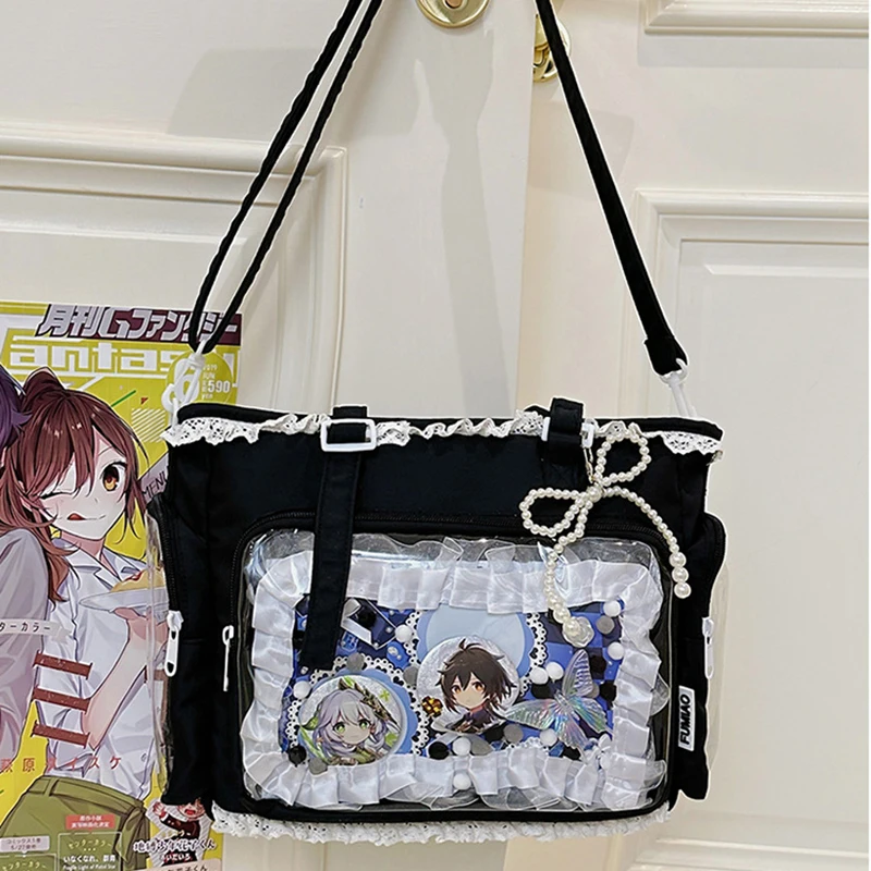 

Richme Lolita Women Ita Bags 2025 Kawaii Sweet Girl DIY Anime Badge Tote Bag Dopamine Beading Bow Crossbody Shoulder Bolso Mujer
