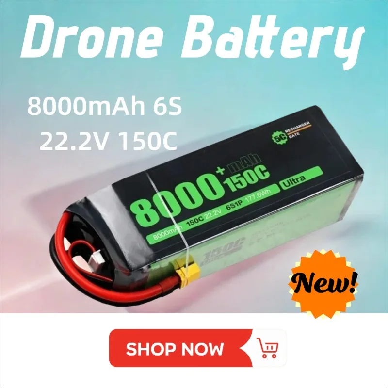 

XT60 8000mAh 6S 22.2V 150C LIPO Battery for RC Helicopter Quadcopter FPV Racing Drone Rechargeable Battery