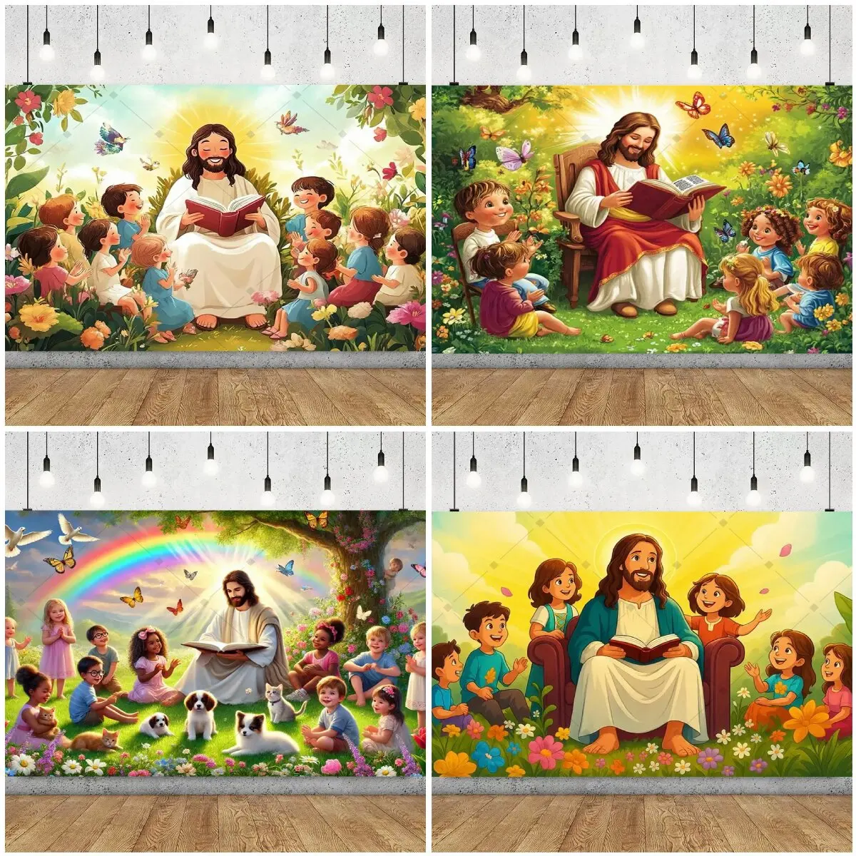 

2D Spring Garden Jesus And Children Theme Party Decoration Backdrop Outdoor Natural Scene Teaching Party Supplies Decor Banner