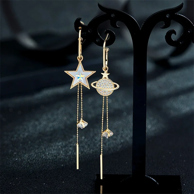 2PC New Trend Star Earth Long Tassel Dangle Earrings For Women Planet Crystal Statement Pendant Earrings Wedding Party Jewelry image 3
