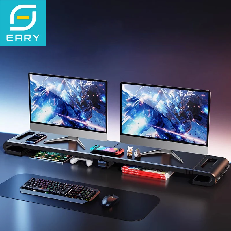 

Eary Dual Monitor Stand Riser Desk Organizer With 2 Phone Holders Height Adjustable Computer Laptop Stand Desk Shelf for Office