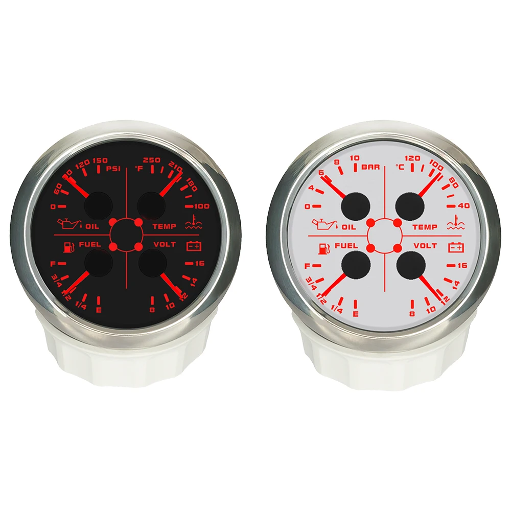 Waterdichte autoboot 85 mm 4 in 1 meter 10 bar oliedruk 100-250 ℉   40-120 ℃   Watertemperatuur Brandstofniveau 8-16V Voltmeter met lichtalarm