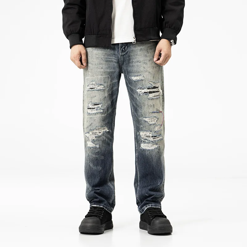 عصرية الراقية الجينز الثقيل الوزن الحنين الرجال الشارع الاتجاه الرجعية التدرج الأزرق ممزق السراويل فضفاضة