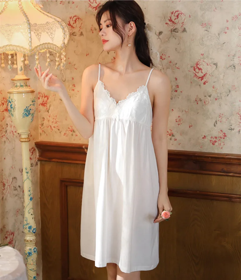 Vintage Cotton Sling Nightgown Embroidery Nightdress Princess Sleepwear Women Fairy White Peignoir Dress Gown