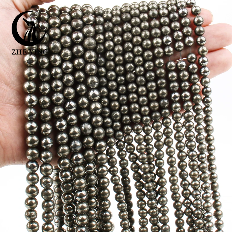 Top Genuine Natural Stone Iron Pyrite Beads Round Loose Spacer Bead 15\