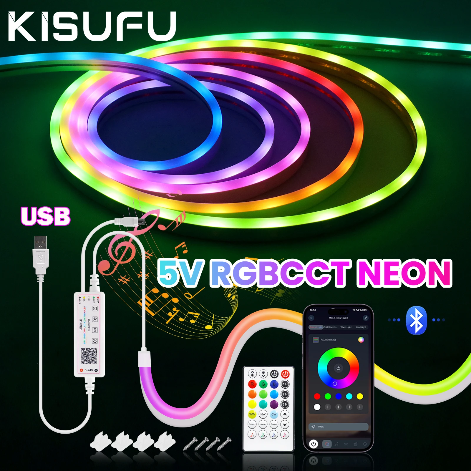 5V USB RGBCCT Neon LED Strip With Bluetooth Remote Control Waterproof Flexible Dreamcolor Chasing Strip Tape 1/2/3/4/5M for Room