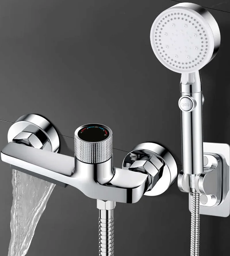 

Gray Waterfall Bathtub Faucet With Hand Shower Head Chrome Wall Mounted Bathroom Shower Mixer Tap Split Full Shower System Set