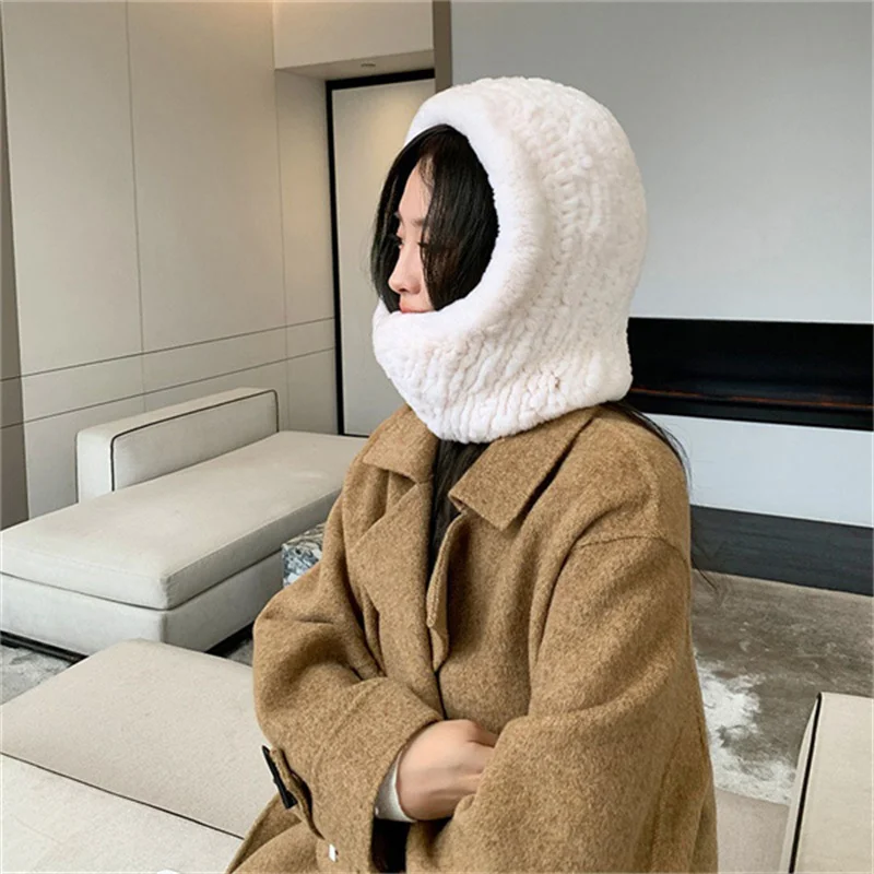 Korean Version Of Rex Rabbit Fur Grass Hat Neck Women's Winter Warm Elastic Knitted Hat Outdoor Thickened Ski Hat