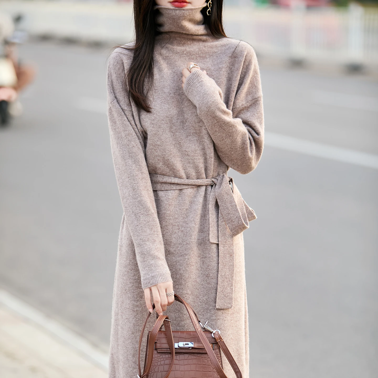 S-XXL Nowa Sukienka Swetrowa Damska z Wysokim Kołnierzem, Dzianina ze 100% Czystej Wełny, Długa, Dopasowana, Jednolita, Jesienno-Zimowa Sukienka Pulower Damska