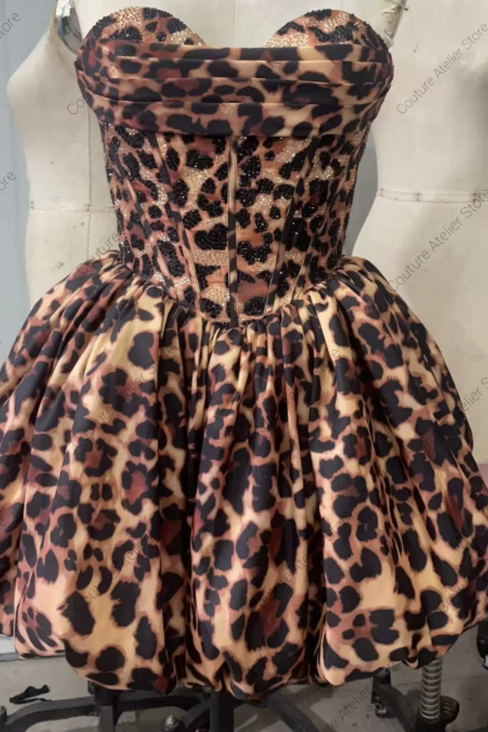 Leopard Print Mini Prom Dress Evening Saudi Women Sexy Strapless Puff Patchwork Midnight Clubwear Party Mini Bodycon Customized