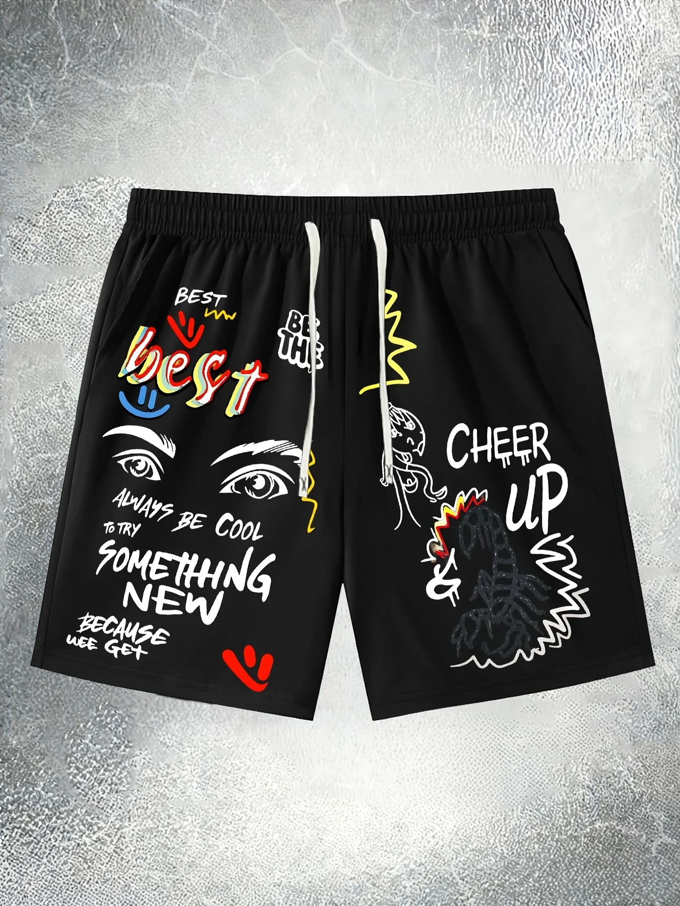 

Men's Printed Shorts with Colorful Patterns and Letter Prints, with Waistband and Pockets, Summer Street Fashion Shorts
