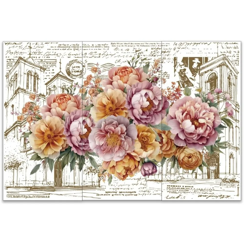 3pcs/Set Vintage Flowers Rub on Transfers - 6x12 Inch Architecture Letters Decals for Crafts Furniture
