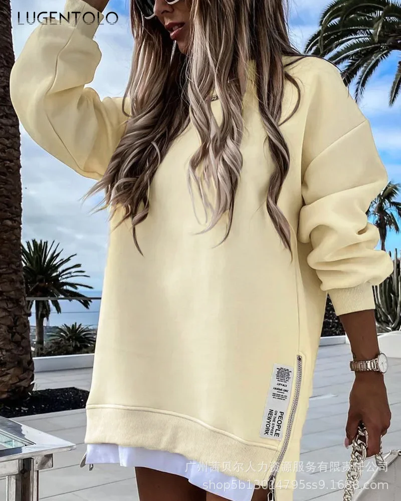 New Autumn Sweatshirts Women Round Neck Long Sleeve Apricot Casual Zipper Female Straight Leg Street Pullover Clothing