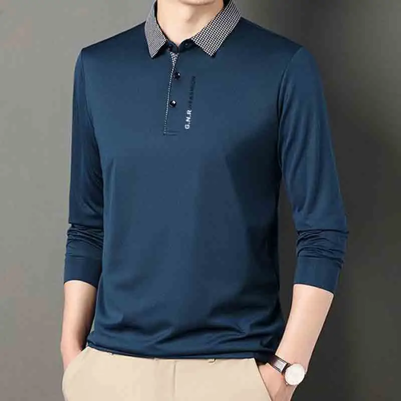 Fashion Men Business Casual Polo Shirts Spring Autumn Basic Male Clothes Printed Letter Loose Long Sleeve Social Versatile Top