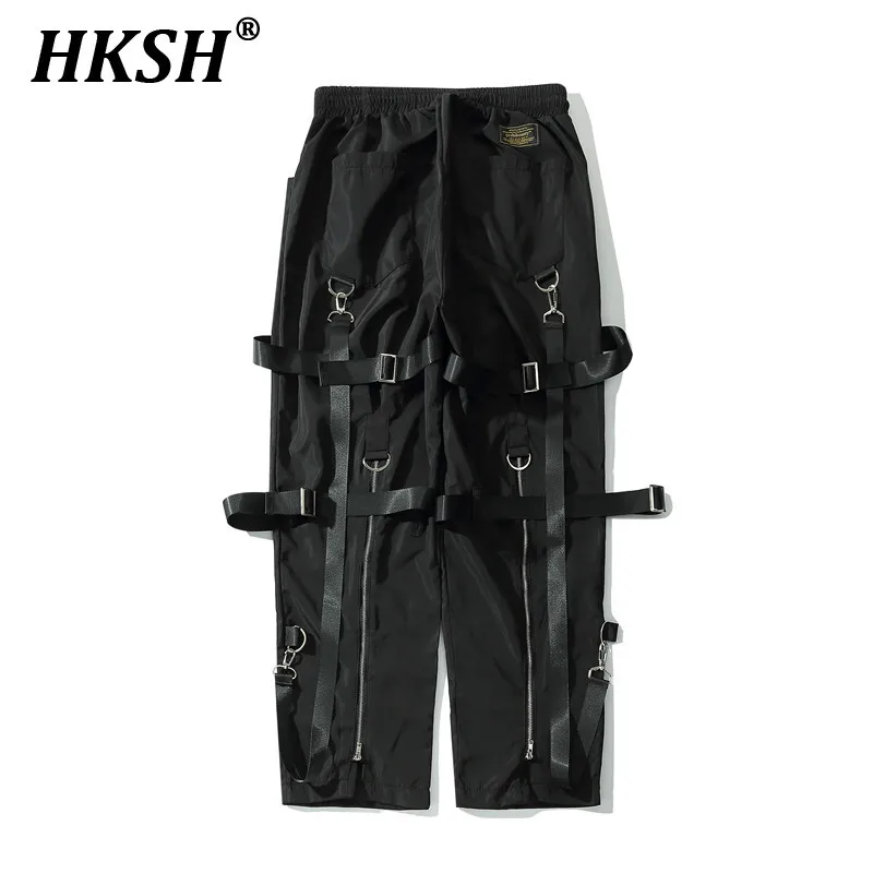 

HKSH High Street Loose Hip Hop Strap Design Casual Cargo Pants Wide Legged Men's Tide Women's American Streetwear Dark HK1686
