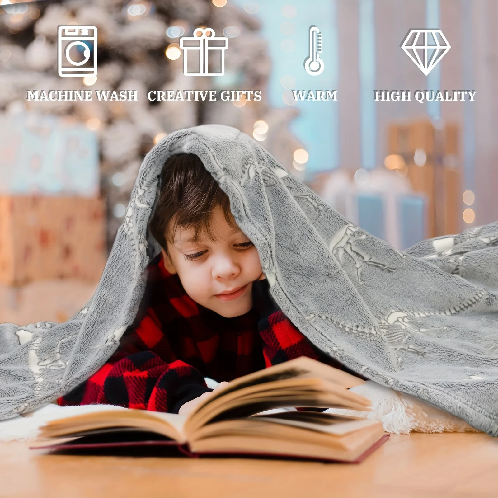 Glow-in-The-Dark Dinosaur French Style Kids Blanket Soft Warm Reversible All-Season Machine Washable Cozy Animal Bedding