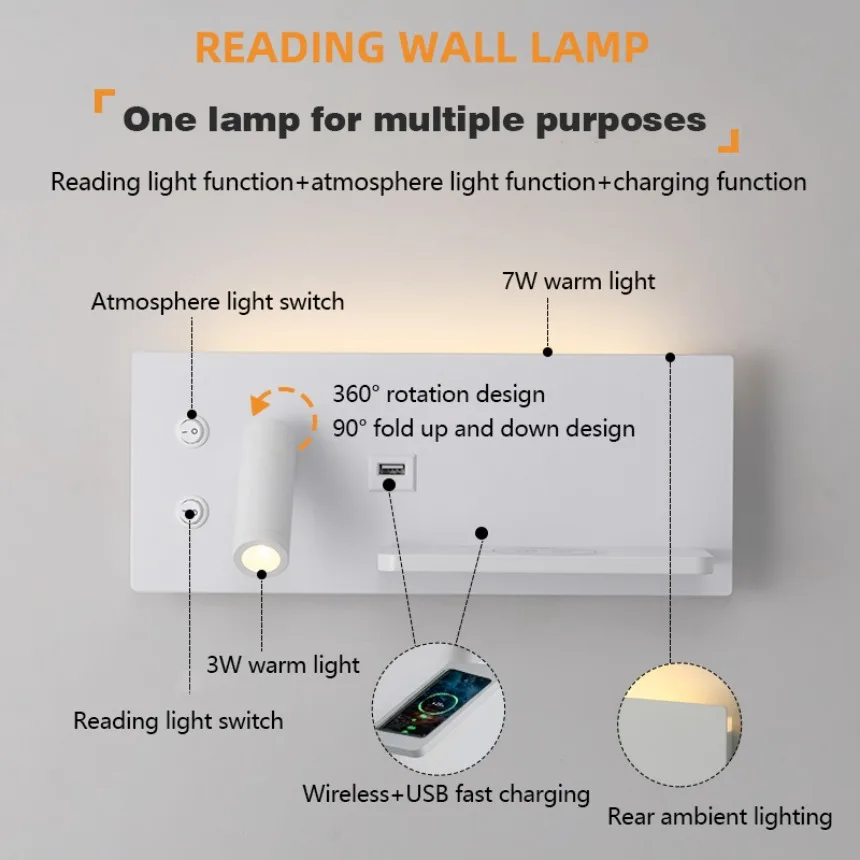 Modern LED Wall Light 85-265V Multifunctional Reading Light with USB Interface Mobile Phone Wireless Charger Bedroom Night Light