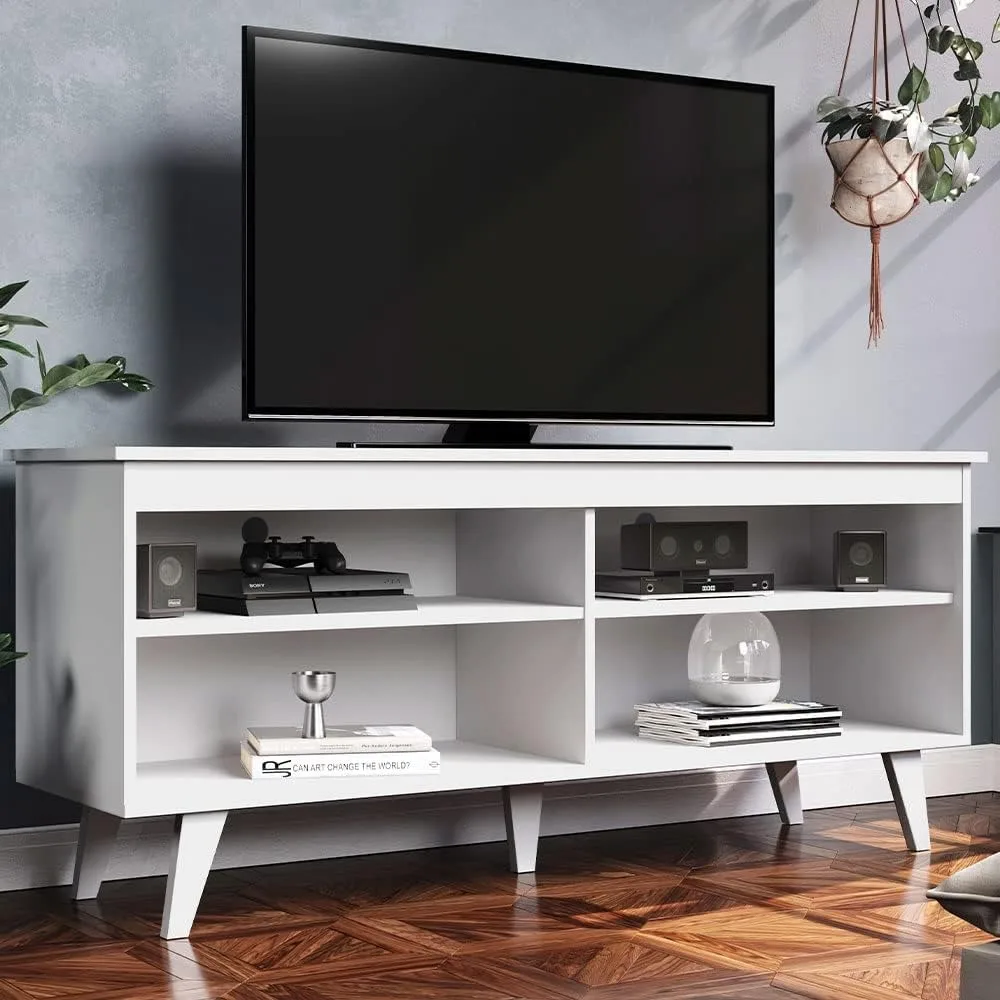 TV Stand Cabinet With 4 Shelves and Cable Management Tv Stand Living Room Furniture Wooden 23'' H X 15'' D X 53'' L – White Home