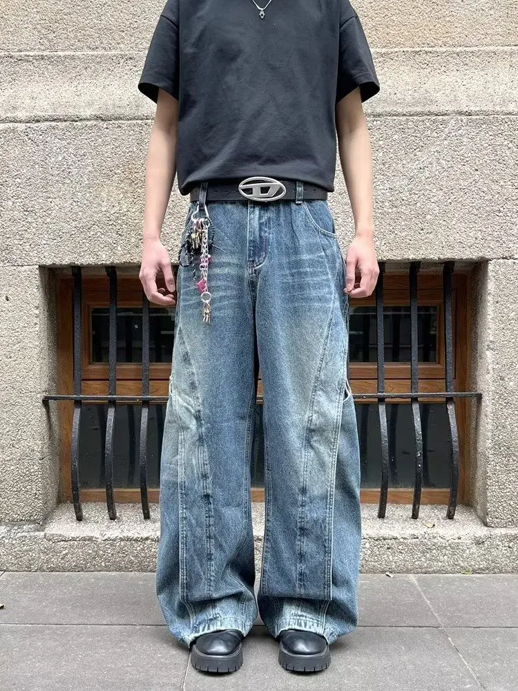 

2025 Ropa Y2K Streetwear Washed Blue Patchwork Baggy Jeans Pants For Men Clothing Vintage Wide Leg Denim Trousers Pantalon Homme