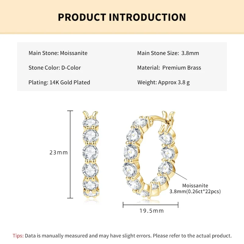 Rrjzz Funkelnde 3,8 mm Moissanit-Creolen in D-Farbe für Damen, 5,72 Karat VVS1, im Labor hergestellte Diamantohrringe, GRA-Schmuck, Geschenk – Detail 1