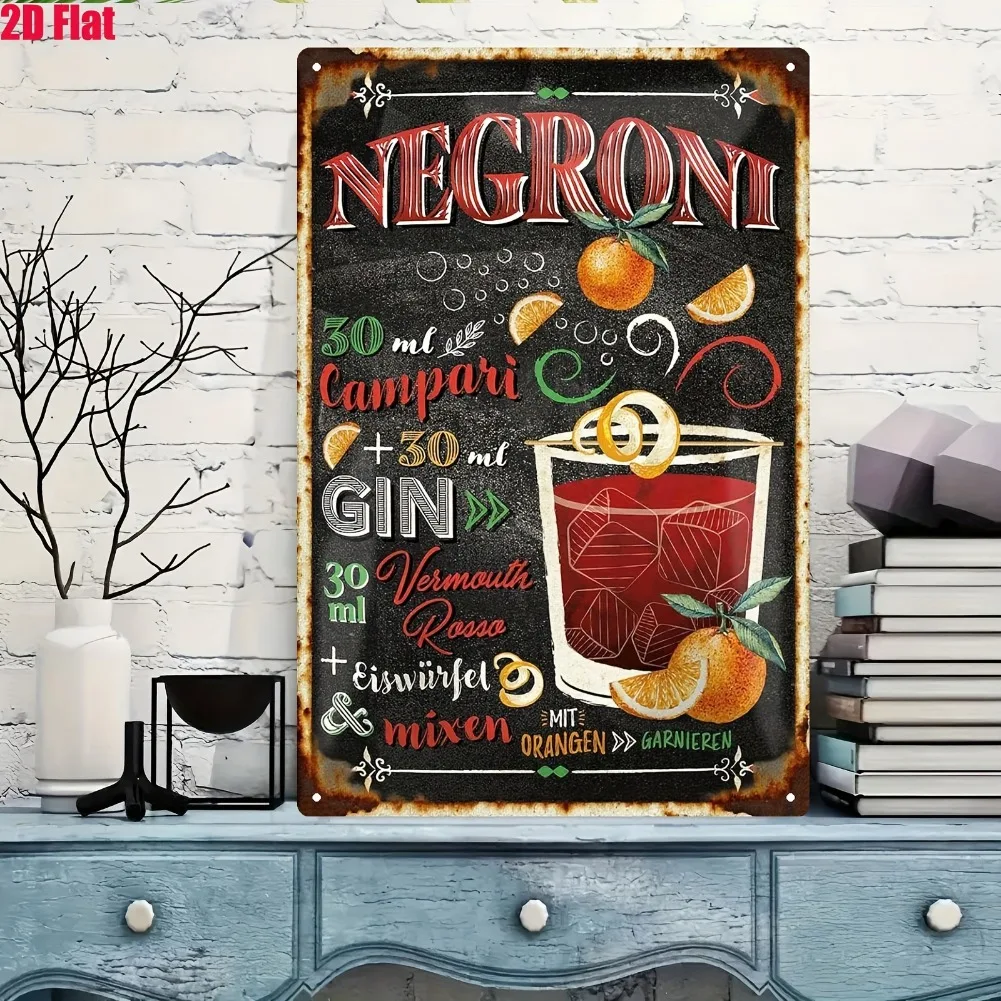2D Flat, 1pc Retro Metal Sign Plaque | Tin Plate with Negroni Cocktail Recipe Featuring Orange Ingredients | 20*30cm/8*12inch