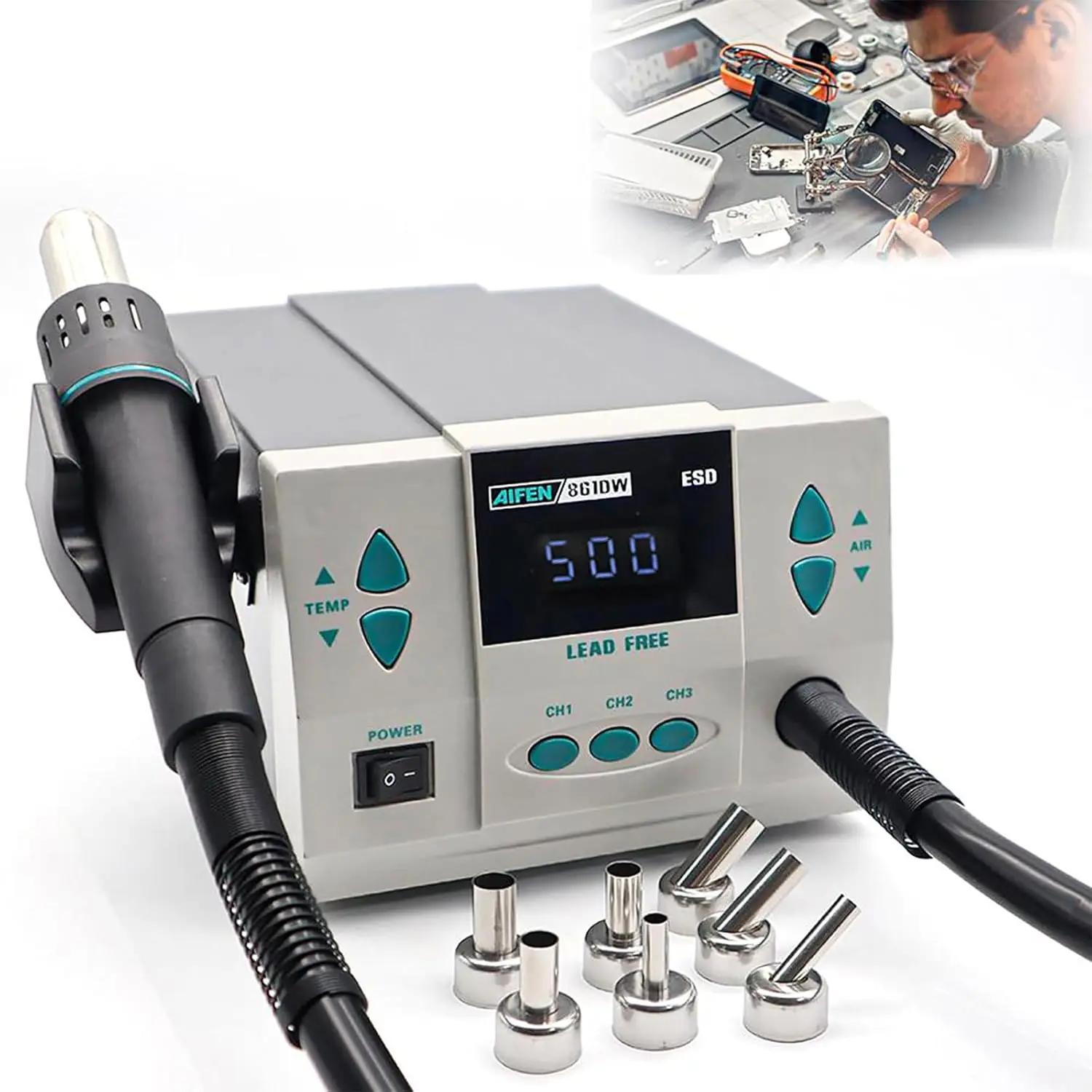 

Паяльная станция горячего воздуха 861DW, цифровой паяльный пистолет 110 В, 1000 Вт с 7 насадками, регулируемая температура, ремонт BGA