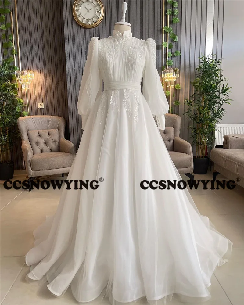 

Long Sleeve Muslim Wedding Dress for Bride Appliques Islamic Hijab Bridal Gowns Women High Neck Arabic Dubai Robe De Mariée