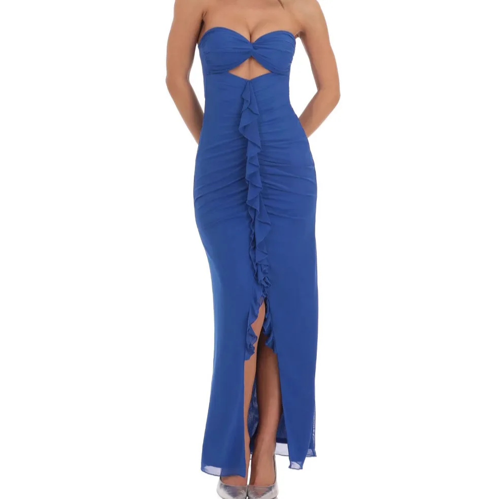 ยุโรปสไตล์อเมริกันผู้หญิงฤดูใบไม้ผลิฤดูร้อนใหม่ Smocked Slit Slim-fit Backless เซ็กซี่ยาวชุดราตรี