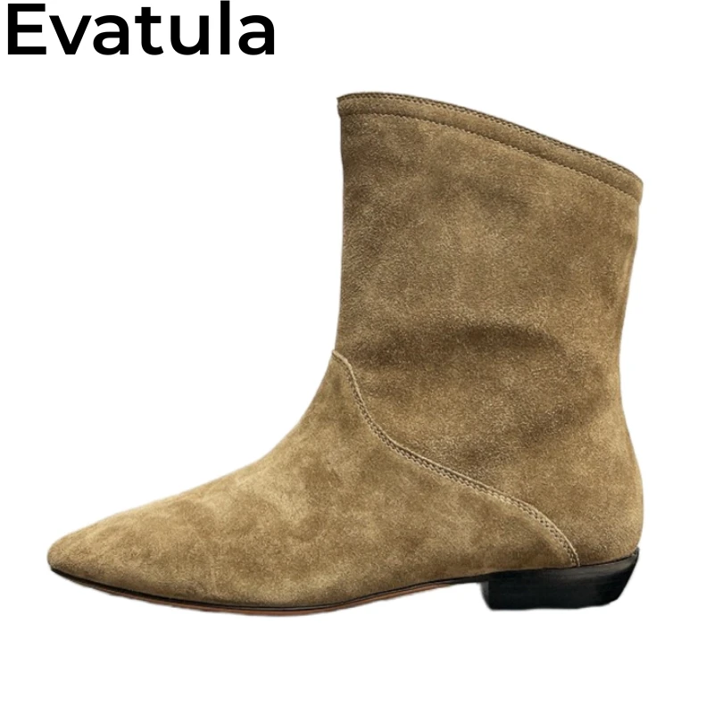 2024 Autumn Suede Leather Ankle Boots Women Pointed Toe Low Heels Slip On Chelsea Boots Fashion Western Cowboy Short Botas Mujer