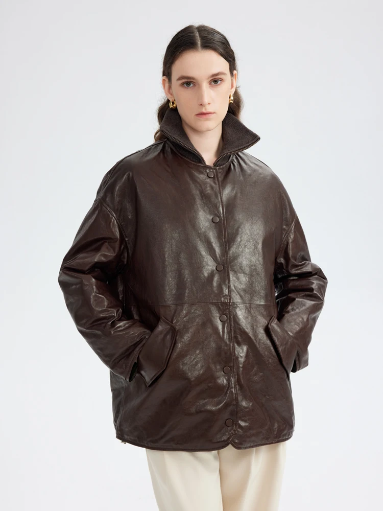 

O-neck Winter Genuine Leather Goose Down Jackets Women High-end Simple Double-sided Wear Design Oil Wax Real Sheepskin Down Coat