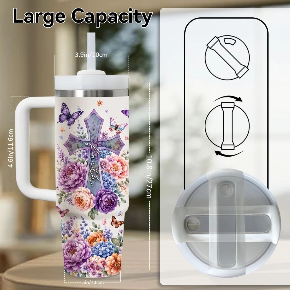 Christian Quotes Cross Faith Vacuum Flasks 40oz Stainless Steel Insulated Tumbler with Handle Straw Lid Leakproof Travel Mug