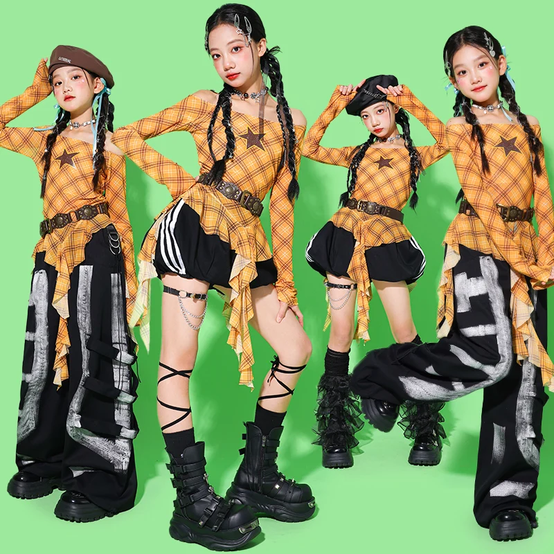 

Желтый укороченный топ для девочек K-pop, шорты, брюки-карго для уличных танцев, детская милая уличная одежда в стиле хип-хоп, комплекты одежды для групповой джазовой одежды для девочек
