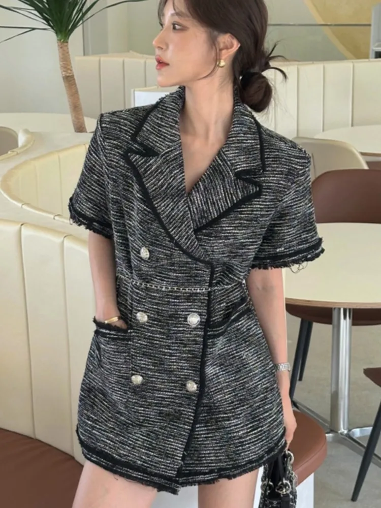 

Elegant French Tweed Dress for Woman Short Sleeves Turn Down Collar Double Breasted Mini Dresses Office Lady Korean New Vestidos