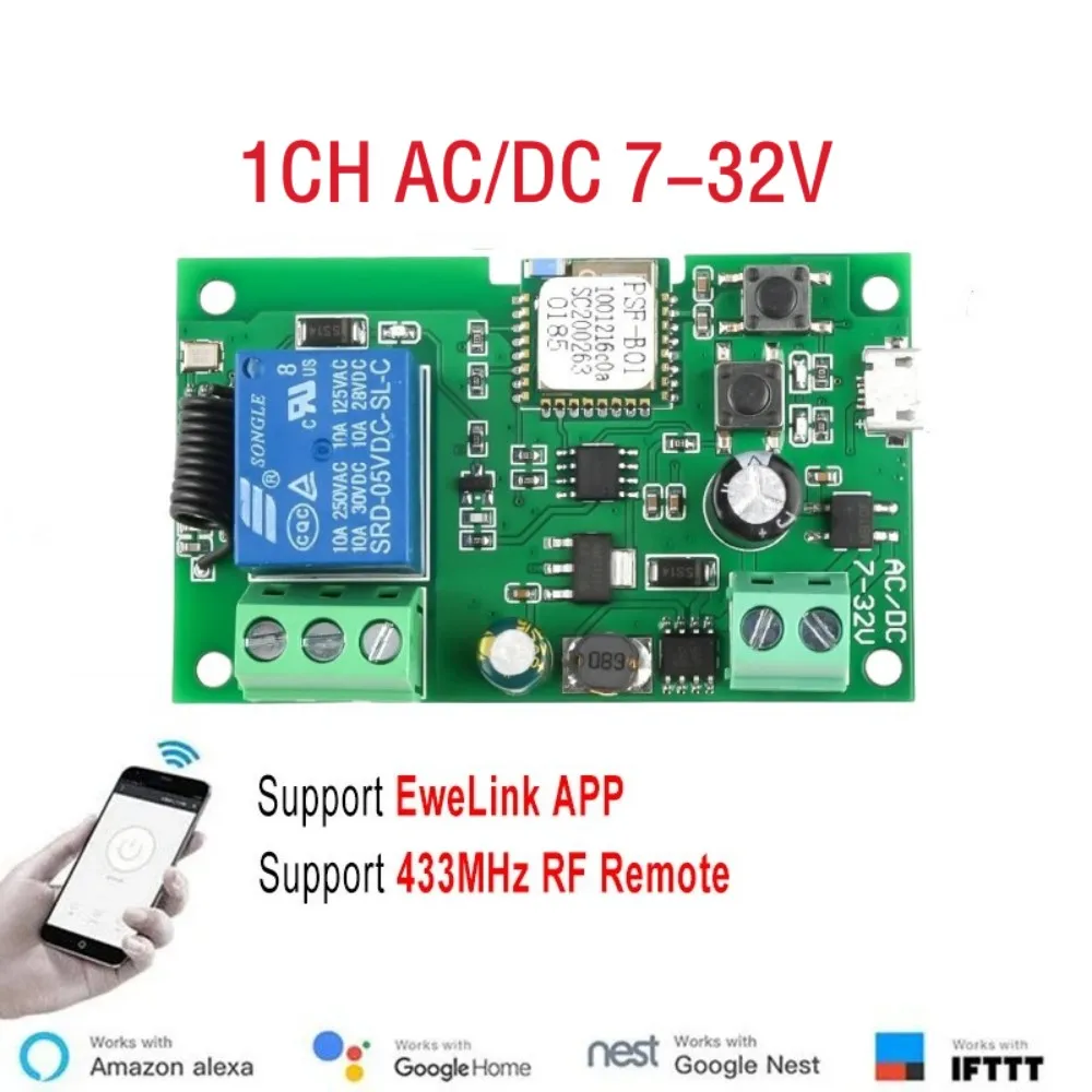 USB 5V DC7-32V eWeLink 스마트 와이파이 스위치 범용 릴레이 모듈, 1CH 무선 스위치 타이머, 구글 홈용 전화 리모컨