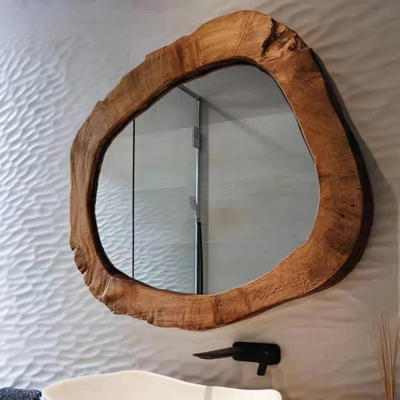 Irregular bathroom mirrors hang on the wall, irregular solid wood bathroom mirrors