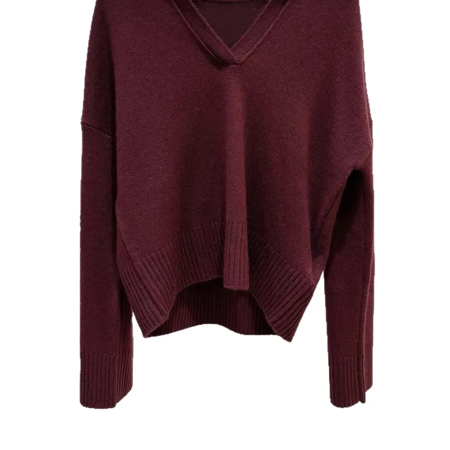 Women's burgundy V-neck knitted lapel sweater long sleeved fashionable casual top