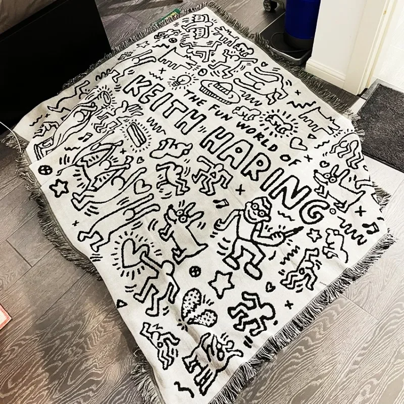 Black White Graffiti Blankets for Bed Cartoon Cotton Throw Blankets Creative Interesting Double-sided Outdoor Camping Picnic Mat