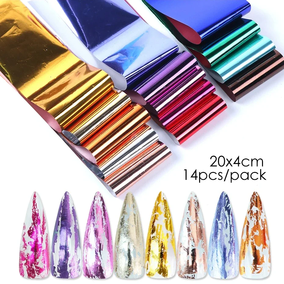 14pcs Nail Foils Matte Mirror Metallic Gold Silver Starry Paper Gel Polish Transfer Sticker DIY Pattern Manicure Decoration