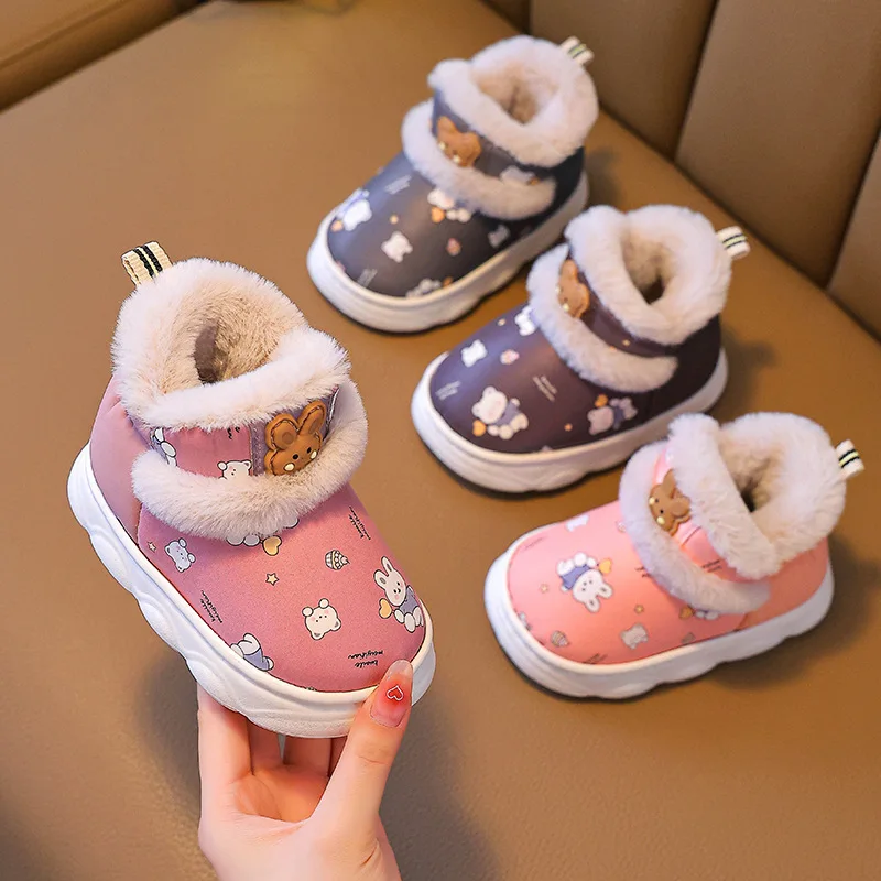 Children Cotton Shoes Winter Warm Waterproof Home Slippers Cute Cartoon Print Girls Shoe Indoor Thick Sole Anti Slip Cotton Boot