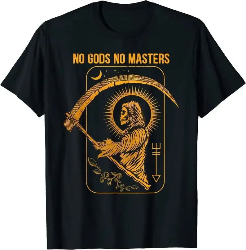 No Gods No Masters Satanic Evil Baphomet Tarot Death Satan Graphic Tshirts Vintage Black Humor Men Clothing Roupas Masculinas