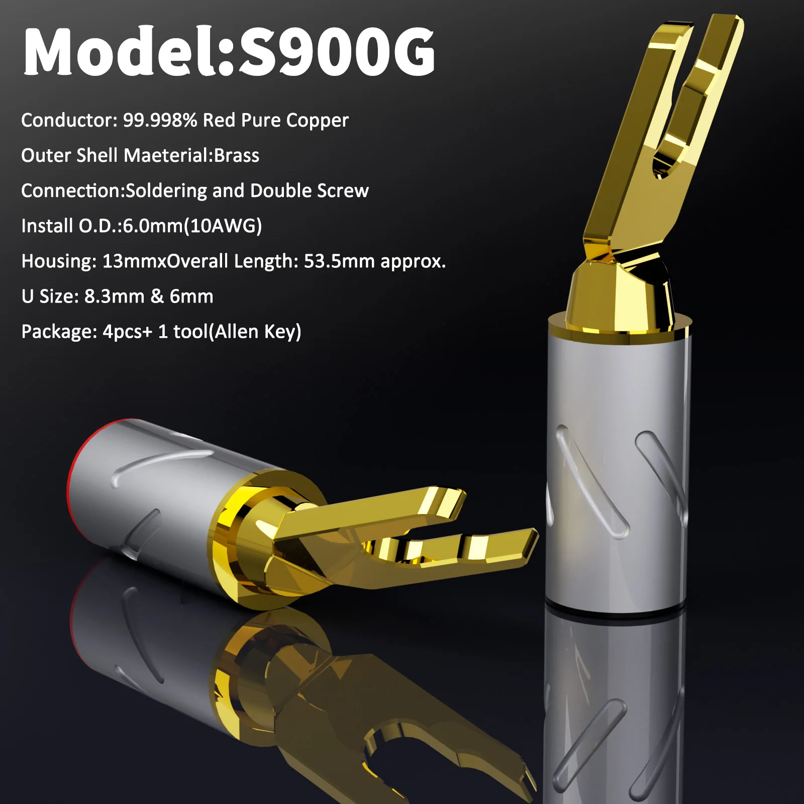 Monos audio s900 reines kupfer gold rhodium lautsprecher y spaten stecker amp bananen stecker gabel lautsprecher stecker hifi audio diy schraub verschluss – Detail 3
